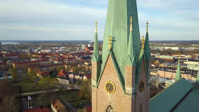 Aerial view of old historical Linkoping city in Sweden. European architecture in scandinavian town