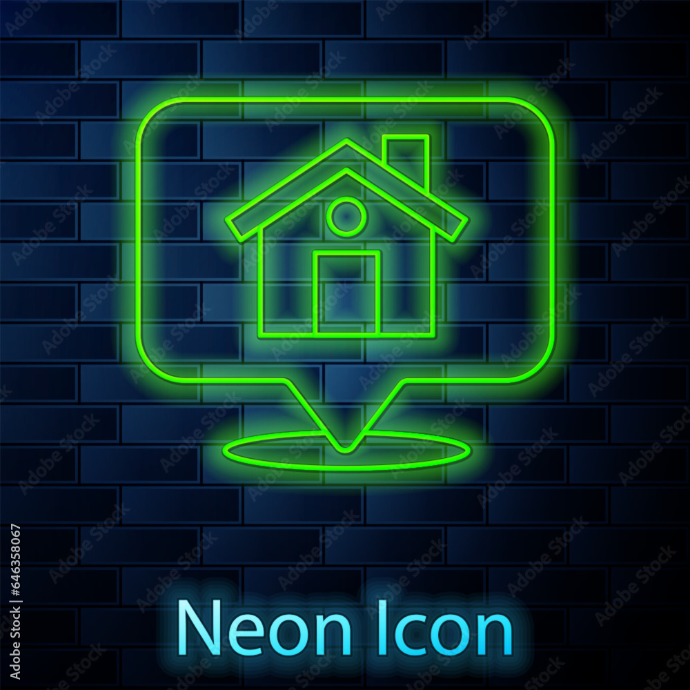 Aufkleber glowing neon line map pointer with house icon isolated on brick wall background. home location marke