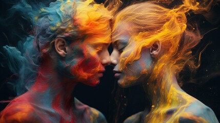 Double exposure: Human figures emerge from a tapestry of vivid pigments.