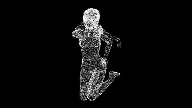 3D Sexy Girl soars in a jump rotates on black background. Fun and sexy concept. Woman in a jump. Business advertising backdrop. For title, text, presentation. 3d animation 60 FPS