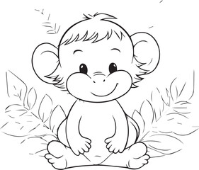 Colouring page for kids toddler and toddlers, minimal cute little monkey illustration one thick single outline drawing artwork