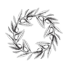 Olive branches, leaves and fruits. Round wreath of branches olive tree. Vector illustration in sketch style. For menu, packaging design, wedding invitation, save the date or greeting card.