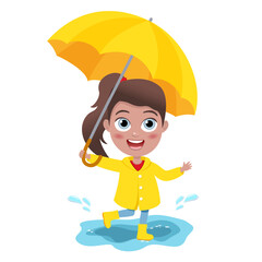 child jumping into a puddle. Cute little girl in a yellow raincoat holding an umbrella in hand. Vector illustration of a little kid. Autumn. People character. Child