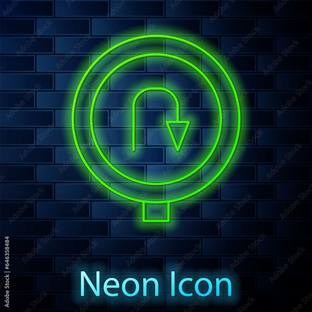 Poster glowing neon line turn back road icon isolated on brick wall background. traffic rules and safe driv