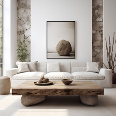 Rustic root ball coffee table near white sofa against white wall with decorative stone paneling. Minimalist style interior design of modern living room