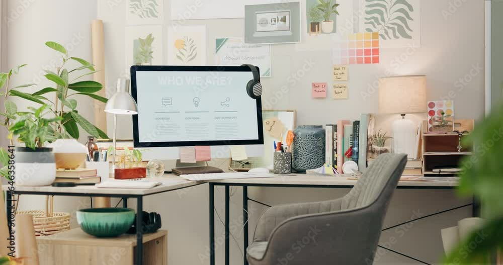 Poster Empty, workspace and a computer in a home office for remote work, business or design of desk. Working, creative and a table with a pc and setup for a freelance career or entrepreneurship from a house