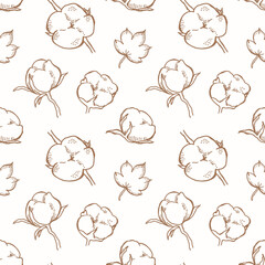 Cotton flowers seamless pattern. Cotton balls, cotton fiber vector illustration isolated. Perfect for wrapping paper or , textile, scrapbooking, invitation, greeting card, background.