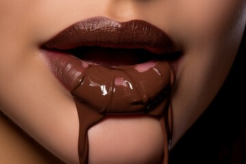 Female mouth eating sweet chocolate splash. Generate Ai - obrazy, fototapety, plakaty