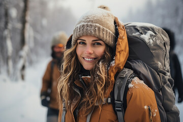 Fototapeta na wymiar Portrait of happy woman in the winter forest