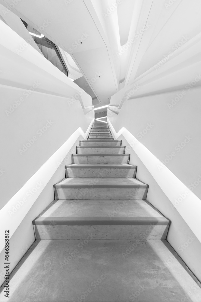 Poster empty futuristic stairway in modern building. architectural abstract background