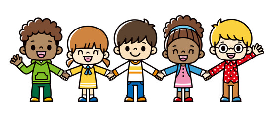 Children from various countries holding hands with smiles