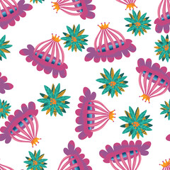Fototapeta premium Weird Vintage Flowers and Plants Vector Seamless Pattern