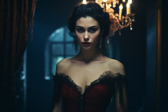Portrait of beautiful gothic vampire woman. Female in mysterious dark Halloween costume.