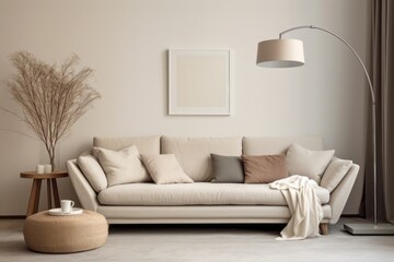 Cozy Beige Couch in Modern Minimalist Apartment Living Room