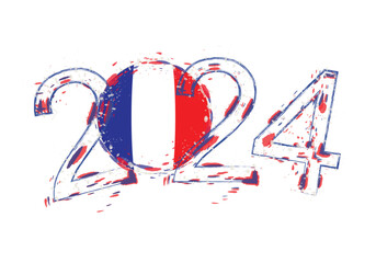 2024 Year in grunge style with flag of France.
