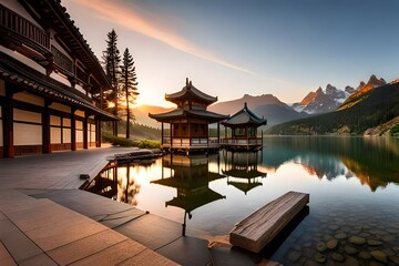 Obraz premium Tranquil Asian Temple on Lake at Sunrise