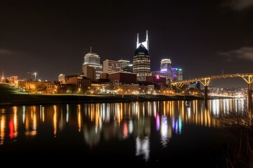 Fototapeta na wymiar Panoramic city view of Nashville's Broadway district over Cumberland River at night. Generative AI