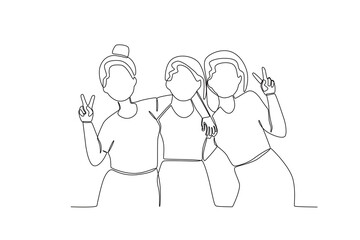 Single continuous line drawing of three girlfriends are capturing the moment
