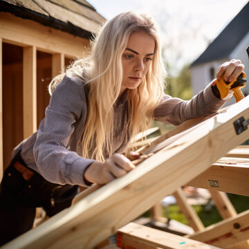 woman carpenter putting up joist in home construction.