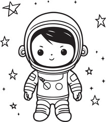 Colouring page for kids toddler and toddlers, minimal cute astronaut illustration one thick single outline drawing artwork