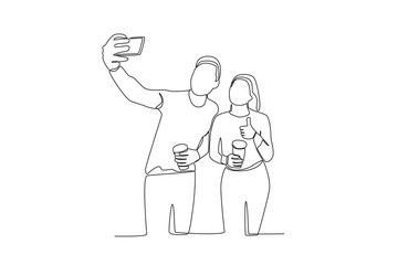 Single continuous line drawing of two friends taking selfie
