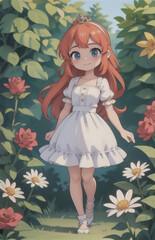 illustration of beautiful anime girl with a pretty dress is holding a flower