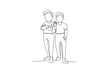 Single continuous line drawing of two male friends posing while capturing the moment
