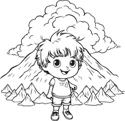 Colouring page for kids toddler and toddlers, minimal cute kid with mountain illustration one thick single outline drawing artwork