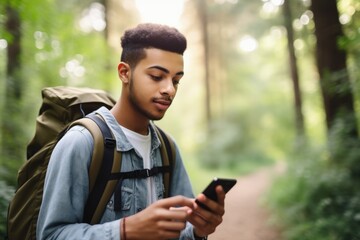 Obraz premium shot of a young man using his cellphone while going on a hike at the park
