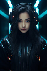 Beautiful fantasy cyberpunk girl with headphone