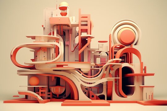 A surreal structure composed of abstract shapes. Computer-generated illustration. Generative AI