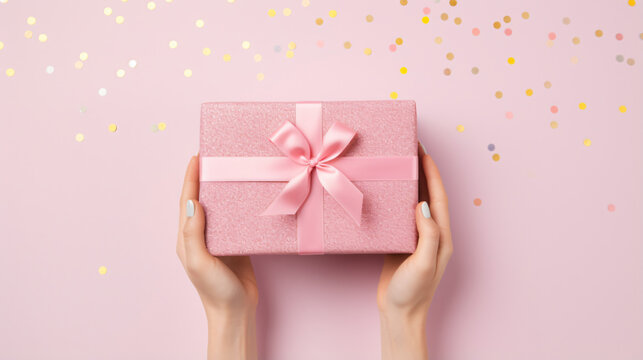 Womans hands holding gift or present box decorated