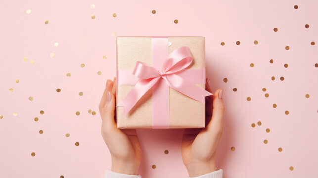 Womans hands holding gift or present box decorated