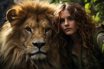 Beautiful young woman with long curly hair and big lion in forest
