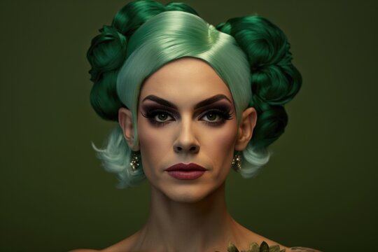 a drag queen with green hair posing in her