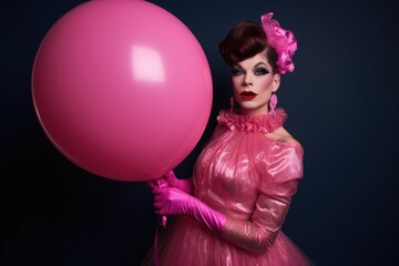 a drag queen holding a pink balloon
