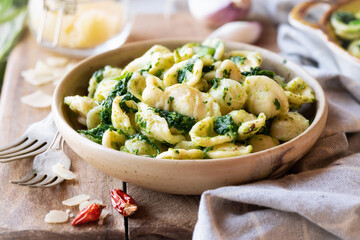 Orecchiette con cime di rapa or friarielli - fresh pasta with turnip greens or broccoli rabe, typicl of Apulia region of Italy. - obrazy, fototapety, plakaty