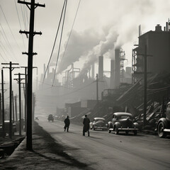 1940 smoky scene of pittsburg steel mills.