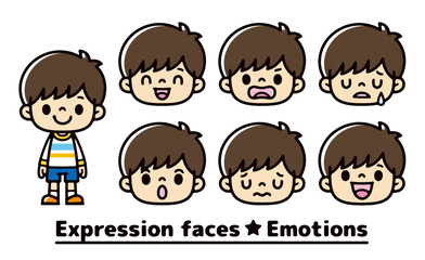 Set of illustrations of boys laughing, crying and with angry expressions