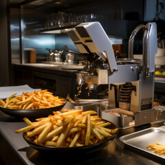 robot making french fries in a restaurant.