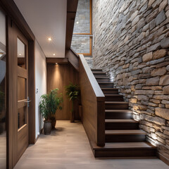 Wooden staircase and stone cladding wall in rustic hallway. Cozy home interior design of modern entrance hall with door