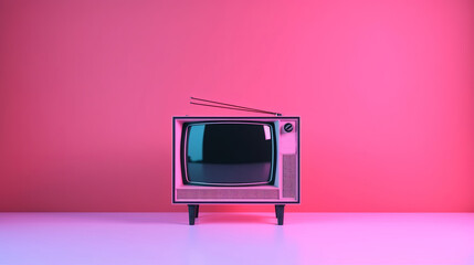The TV is an old model with an antenna, standing on legs, on a pink background.