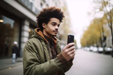 Fototapeta na wymiar shot of a young man using his cellphone to take photos outside