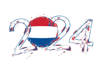 2024 Year in grunge style with flag of Netherlands.