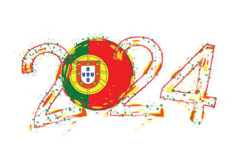 Fototapeta premium 2024 Year in grunge style with flag of Portugal.