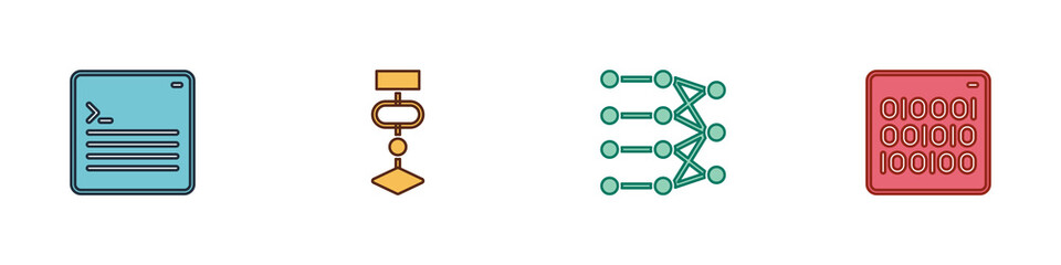 Set Web developer programming code, Algorithm, Neural network and Binary icon. Vector