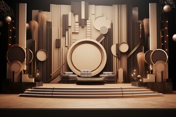 Elegant 3D rendering presents a lavish stage adorned with brown geometric shapes. Generative AI