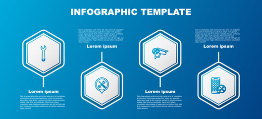 Set line Wrench, Location service, Security camera and Mobile Apps. Business infographic template. Vector