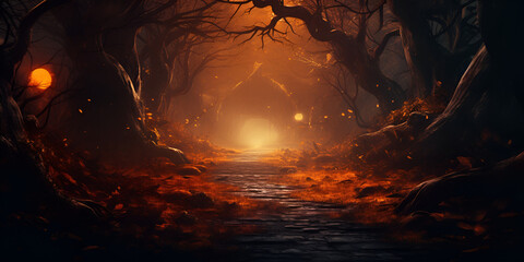 Dark mystical forest scary curved trees Evening fog in the dense forest a path covered with leaves - Powered by Adobe