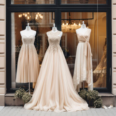 Fototapeta na wymiar store window display of wedding dresses.